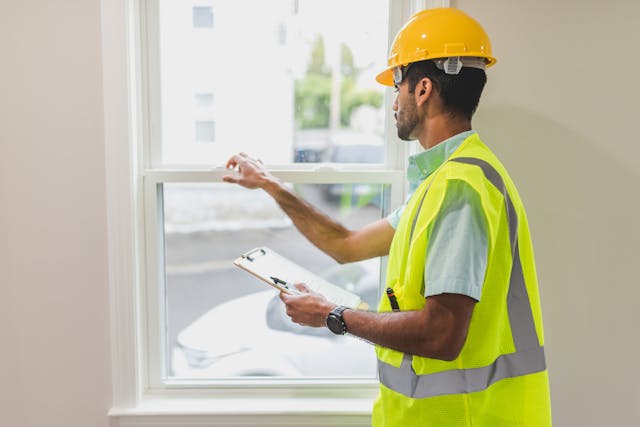 a home inspector in a yellow hardhat looking at a window’s lock