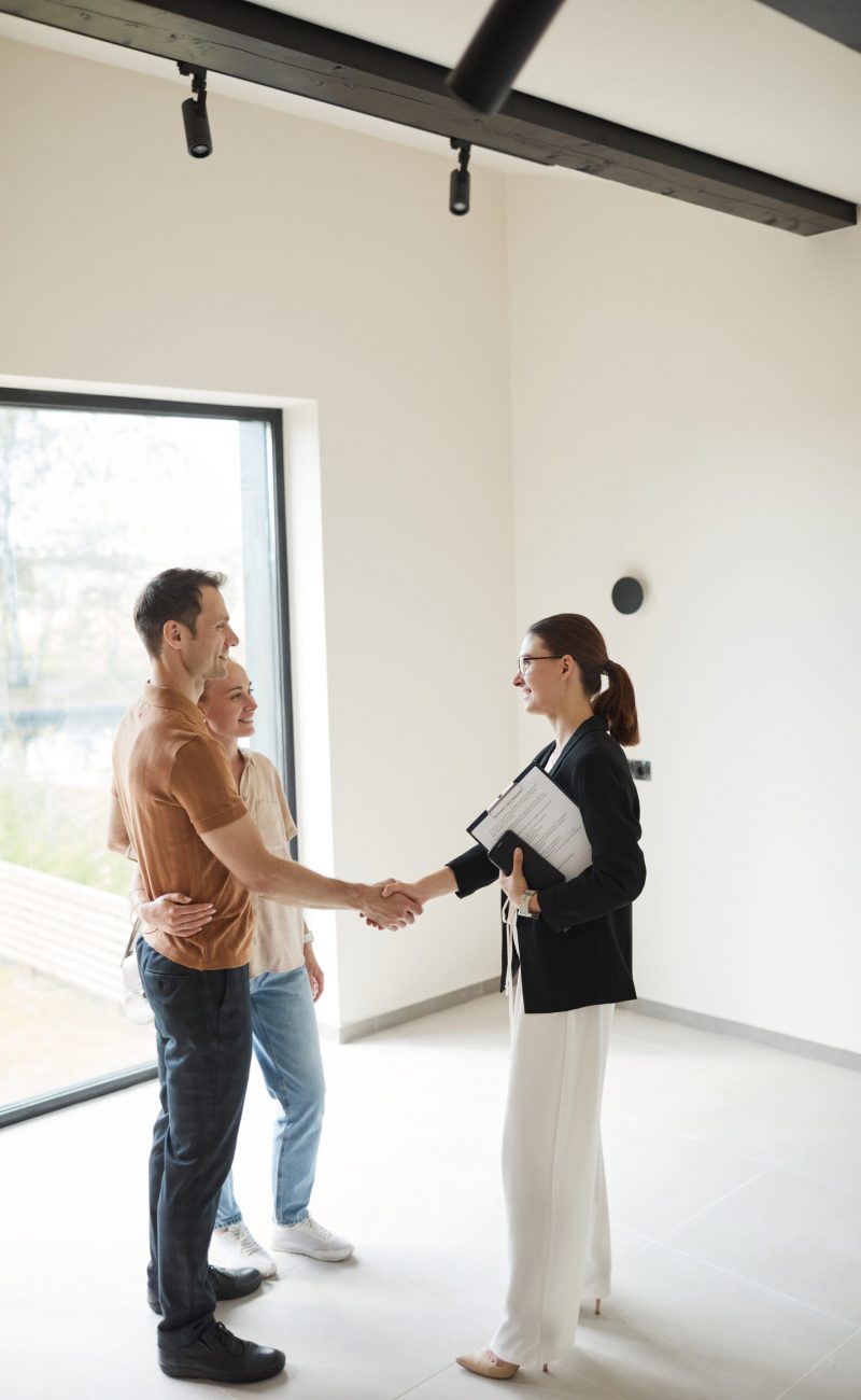 Vertical,Side,View,Portrait,Of,Young,Couple,Shaking,Hands,With people coming to an agreement in home